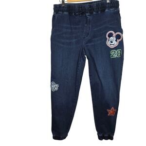 Disney Her Universe Mickey Mouse Patch Drawstring Blue Denim Joggers Size XL
